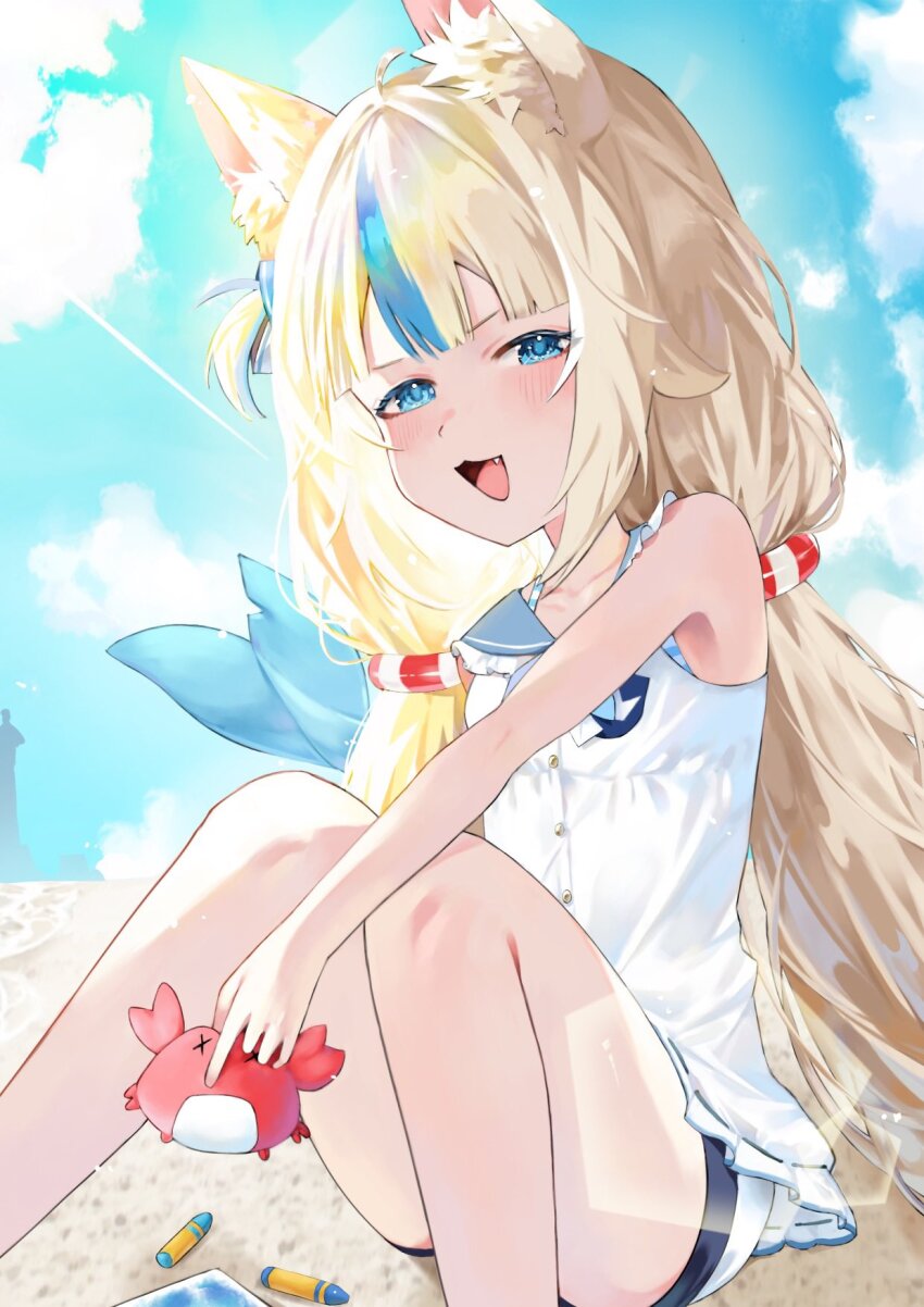 1girl ahoge animal_ear_fluff animal_ear_headphones animal_ears beach bikini blonde_hair blue_bikini blue_eyes blue_hair blue_sailor_collar blunt_bangs cat_ears cloud cloudy_sky collar commentary crayon dress fake_animal_ears feet_out_of_frame fins fish_girl fish_tail frilled_collar frilled_sailor_collar frills hashtag-only_commentary headphones highres indie_virtual_youtuber kaniki_(sameko_saba) konnichi_wanko lifebuoy_hair_ornament long_hair low_twintails multicolored_hair on_ground one_side_up sailor_collar sailor_dress sameko_saba sameko_saba_(1st_costume) short_shorts shorts sitting sky sleeveless sleeveless_dress solo streaked_hair swimsuit tail twintails very_long_hair virtual_youtuber white_dress white_hair white_shorts