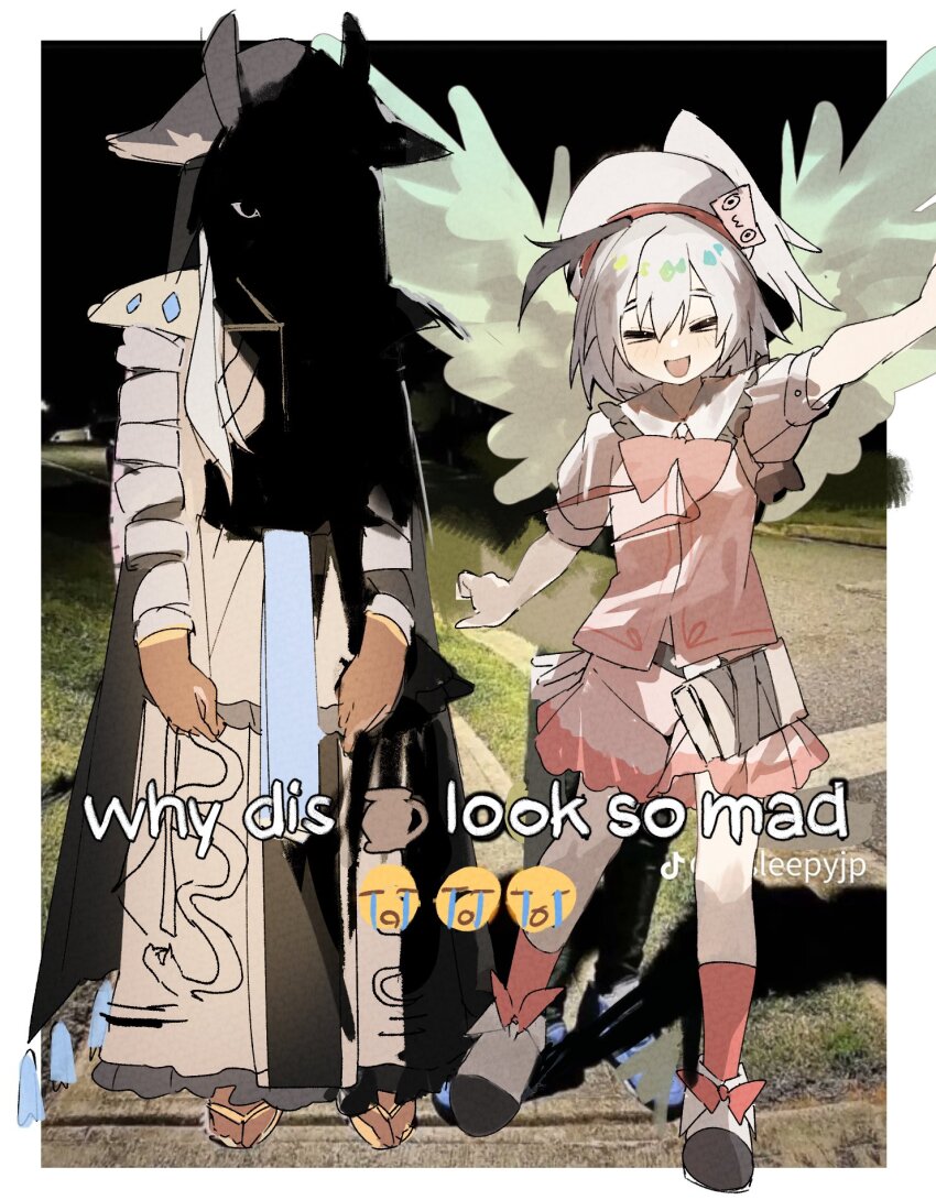 2girls closed_eyes commeowdore emoji english_text feathered_wings general_set happy highres hollow_song_of_birds long_hair meme multiple_girls night pink_skirt shadow_face short_hair skirt torisumi_horou touhou white_hair why_dis_ninja_look_so_mad_(meme) wings