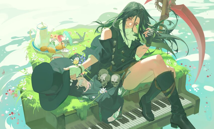 1other androgynous ascot ashina_kasa asymmetrical_gloves asymmetrical_sleeves bare_shoulders biscuit_(bread) black_footwear black_gloves black_hair boots fingerless_gloves floral_background flower gloves guilty_gear guilty_gear_strive hat highres holding holding_scythe holding_unworn_clothes holding_unworn_hat instrument kettle long_hair piano red_eyes scythe skull smile succubus_familiar tea testament_(guilty_gear) top_hat unworn_hat unworn_headwear water white_ascot
