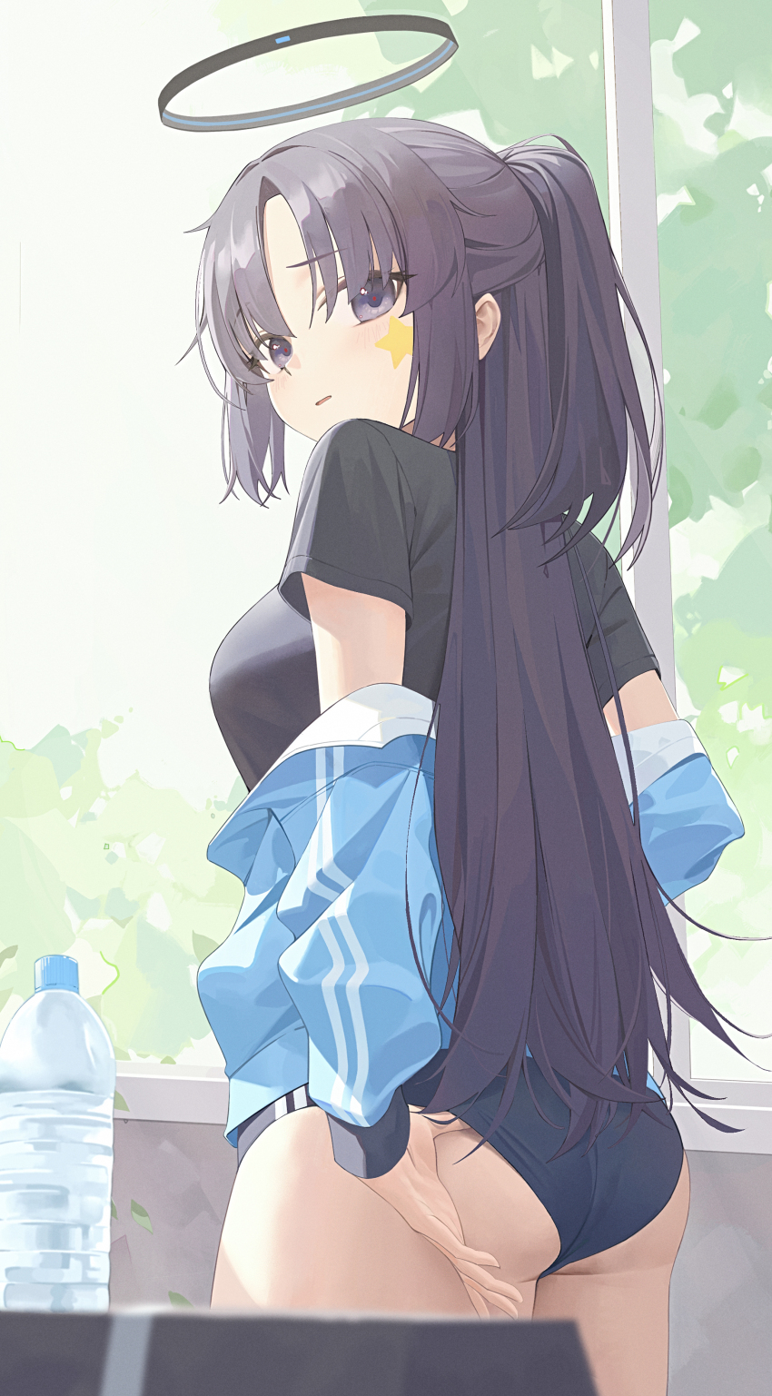 1girl absurdres adjusting_buruma adjusting_clothes ass black_halo black_shirt blue_archive blue_buruma blue_eyes blue_hair blue_jacket blurry bottle breasts buruma depth_of_field from_behind gym_shirt gym_uniform hair_intakes half_updo halo highres jacket jacket_partially_removed lan001 long_hair looking_at_viewer looking_back mechanical_halo off_shoulder official_alternate_costume open_mouth plastic_bottle shirt solo star_sticker sticker_on_face thighs water_bottle yuuka_(blue_archive) yuuka_(track)_(blue_archive)