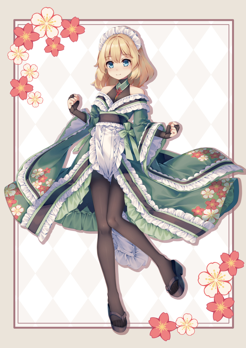 1girl absurdres alice_margatroid alternate_costume black_bridal_gauntlets black_pantyhose blonde_hair blue_eyes breasts bridal_gauntlets closed_mouth floral_print frilled_kimono frills full_body green_kimono highres japanese_clothes kimono long_sleeves maid_headdress mechrailgun okobo pantyhose platform_sandals sandals small_breasts smile toes touhou wide_sleeves