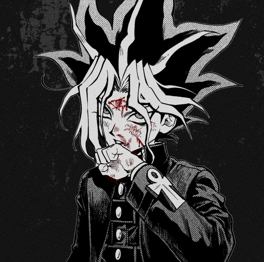 1boy ankh black_background blood blood_on_face bruise bruise_on_face buttons clenched_hand collared_jacket curtained_hair gakuran greyscale injury jacket layered_sleeves long_sleeves looking_ahead male_focus monochrome parted_lips popped_collar sanpaku school_uniform solo spiked_hair spot_color teeth upper_body wiping_face yami_yugi ygogy55 yu-gi-oh! yu-gi-oh!_duel_monsters