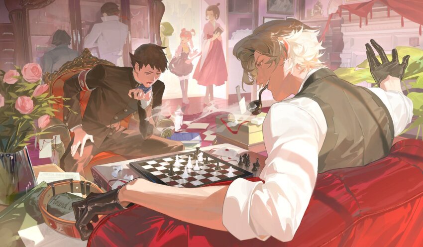 3girls 4boys ace_attorney armband black_gloves black_hair black_jacket blonde_hair board_game chess chess_piece chessboard dress flower gakuran gina_lestrade gloves indoors iris_wilson jacket japanese_clothes kazuma_asogi kimono multiple_boys multiple_girls omurice_(304975636) pink_flower pink_hair pink_kimono ryunosuke_naruhodo school_uniform sherlock_holmes shirt short_hair sitting smoking_pipe soseki_natsume susato_mikotoba the_great_ace_attorney vest white_jacket white_shirt