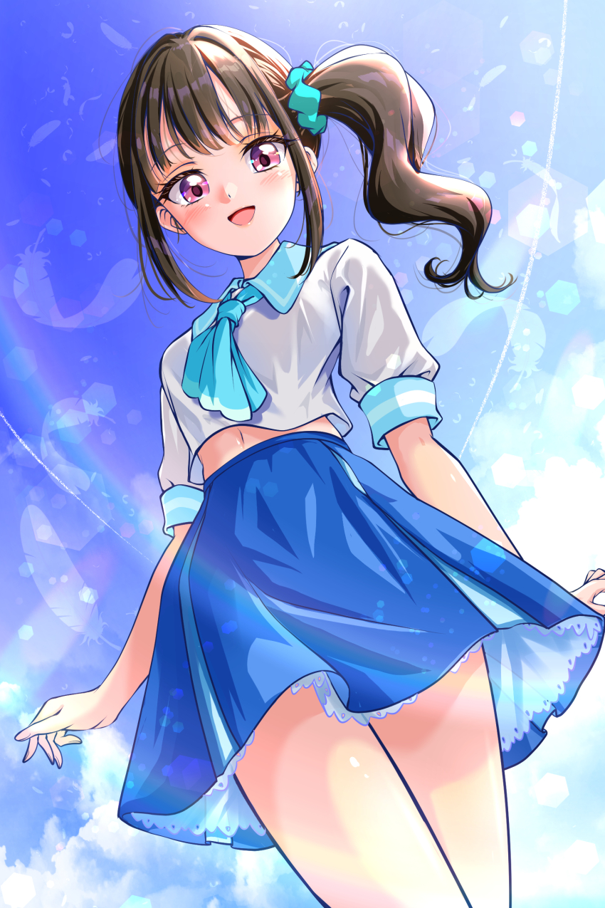 1girl absurdres alternate_costume blue_eyes blue_skirt blue_sky blush brown_hair cloud cloudy_sky day highres hirogaru_sky!_precure kakikakilemon long_hair looking_at_viewer nekoyashiki_mayu one_side_up open_mouth outdoors precure ribbon school_uniform scrunchie serafuku shirt short_sleeves side_ponytail skirt sky smile sorashido_academy_school_uniform white_shirt wonderful_precure!