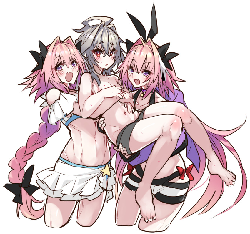 3boys :d androgynous astolfo_(fate) astolfo_(saber)_(fate) astolfo_(sparkling_frills)_(fate) bikini black_bow blush bow braid carrying carrying_person cropped_legs crossed_bangs eyelashes fang fate/apocrypha fate/grand_order fate_(series) frilled_bikini frilled_skirt frills full_body grey_hair grey_male_swimwear hair_between_eyes hair_bow hair_intakes haoro linea_alba long_hair male_focus male_swimwear medium_hair multicolored_hair multiple_boys navel open_mouth pink_hair purple_eyes red_bow sieg_(fate) simple_background single_braid skin_fang skirt smile streaked_hair striped_underwear sweatdrop swimsuit trap very_long_hair white_background white_hair