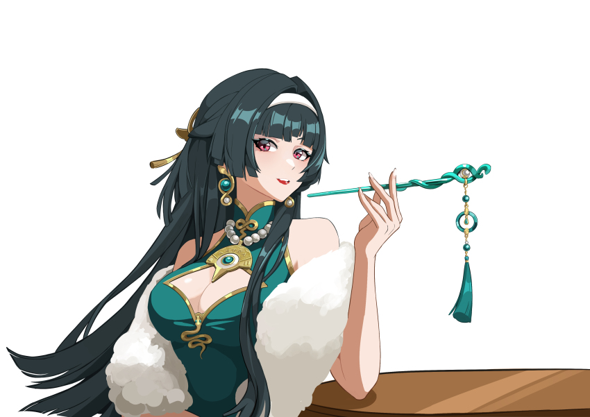 1girl absurdres alternate_costume astra_yao bare_shoulders black_hair breasts chinese_clothes chinese_hairpin cleavage cleavage_cutout clothing_cutout dress earrings green_dress hairband highres jewelry large_breasts long_hair looking_at_viewer necklace parted_lips red_eyes tianziyihao_xiaohuangya uneven_bangs upper_body white_background white_hairband zenless_zone_zero