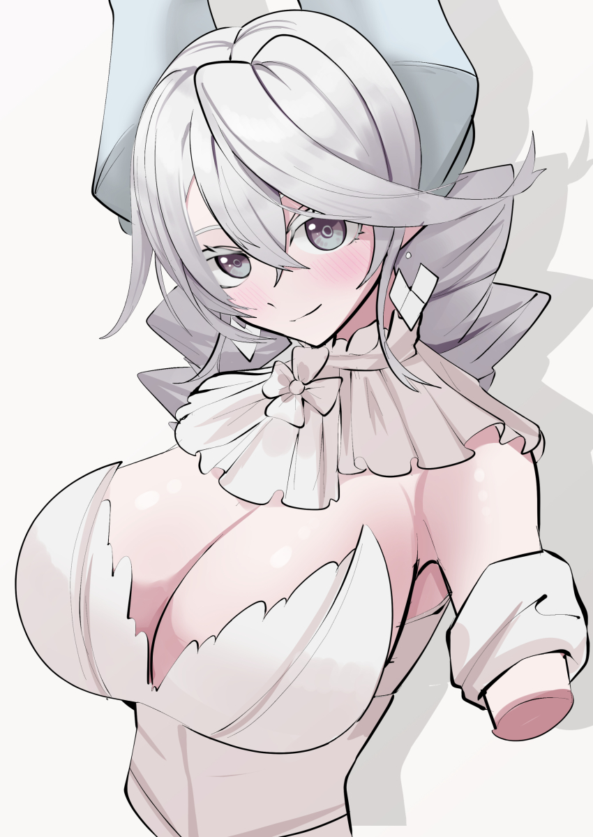 1girl absurdres bad_id bad_twitter_id bare_shoulders blush breasts cleavage cotan_(actancyaga) demon_girl demon_horns dress duel_monster earrings grey_eyes grey_hair highres horns jewelry large_breasts lovely_labrynth_of_the_silver_castle missing_commentary pointy_ears shadow simple_background solo strapless strapless_dress upper_body white_background white_dress yu-gi-oh!