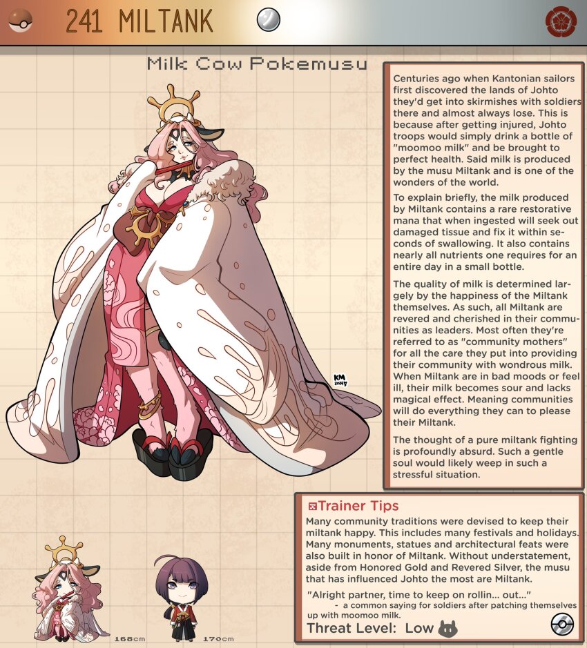 1boy 1girl animal_ears animal_legs anklet black_sandals blue_eyes blush breasts brown_sash character_name character_profile chibi chibi_inset coat commentary cow_ears cow_girl cow_horns dated english_commentary english_text gen_2_pokemon grid_background halo hand_fan height highres holding holding_fan horns huge_breasts humanization japanese_clothes jewelry kimono kinkymation long_hair miltank monster_girl nintendo personification pink_background pink_hair pink_kimono pink_lips poke_ball poke_ball_(basic) pokemon sandals signature white_coat white_horns
