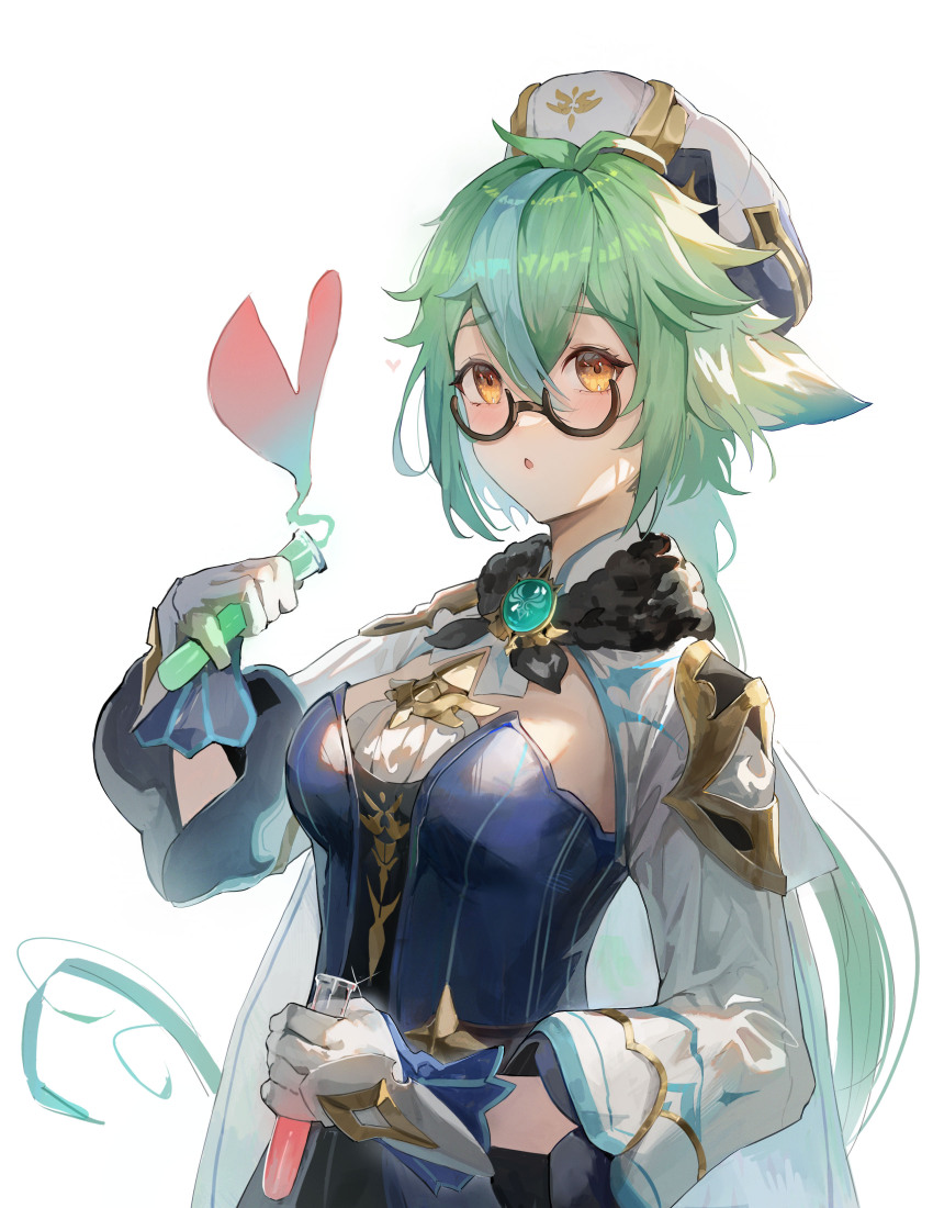 absurdres anemo_symbol_(genshin_impact) blue_shirt breasts brown-framed_eyewear chemicals genshin_impact glasses gloves gold_trim green_hair hair_between_eyes hair_ears hat heart highres holding holding_test_tube light_blush long_hair looking_at_viewer medium_breasts multicolored_clothes open_mouth semi-rimless_eyewear shirt sucrose_(genshin_impact) test_tube white_background white_gloves white_hat white_sleeves yellow_eyes yonesdraws