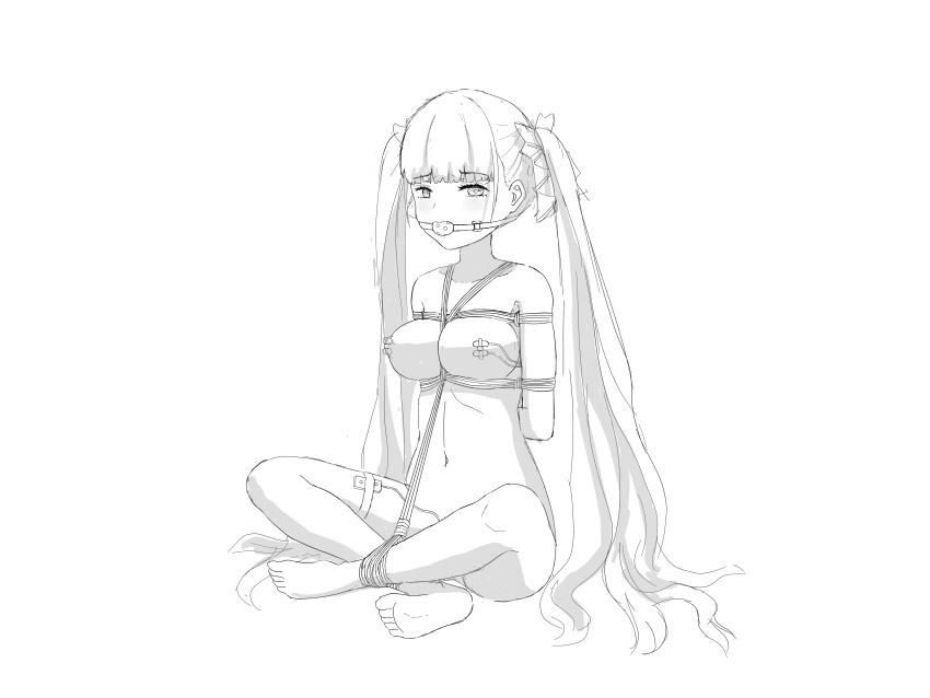 absurdres arms_behind_back azur_lane bdsm belt breasts completely_nude formidable_(azur_lane) full_body gag greyscale highres indian_style jiang_qian_xiao long_hair monochrome navel nipple_stimulation nude restrained rope sex_toy shibari sitting soles thigh_belt thigh_strap twintails vibrator vibrator_cord vibrator_on_nipple