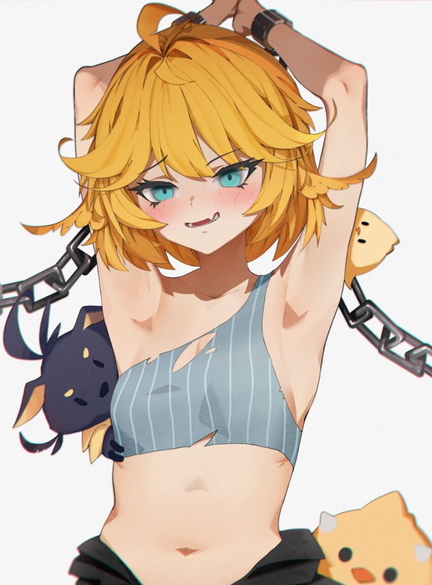 1girl armpits arms_up bare_shoulders bird blonde_hair blue_eyes blush breasts chain commentary cuffs doki_amber_doge_(dokibird) dokibird_(vtuber) dokibird_(vtuber)_(bounty_hunter) dragoon_(dokibird) fang highres indie_virtual_youtuber midriff navel rieko_(kuusairieko) shirt short_hair simple_background single-shoulder_shirt single_strap skin_fang small_breasts solo torn_clothes torn_shirt upper_body virtual_youtuber white_background yellow_bird