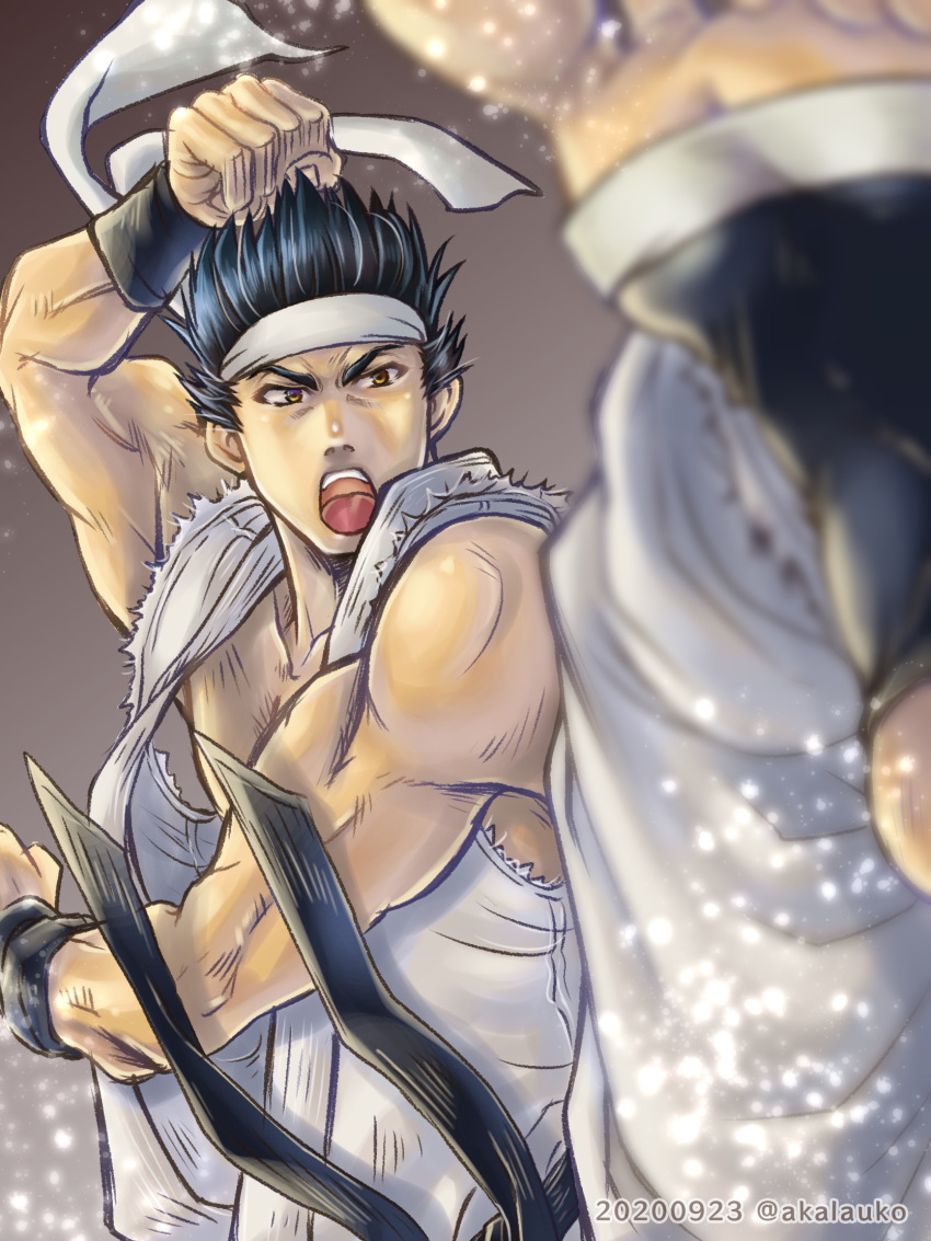 1boy bajiquan_(martial_arts) barefoot belt black_belt black_hair blurry brown_eyes clenched_hands commentary_request depth_of_field dougi fighting_stance grey_hair headband highres ikeda_tsukasa karate_gi kicking male_focus martial_arts_belt multicolored_hair muscular open_mouth sega short_hair sleeveless soft_focus solo spiked_hair stirrup_legwear streaked_hair teeth toeless_legwear upper_teeth_only virtua_fighter white_headband wristband yuki_akira