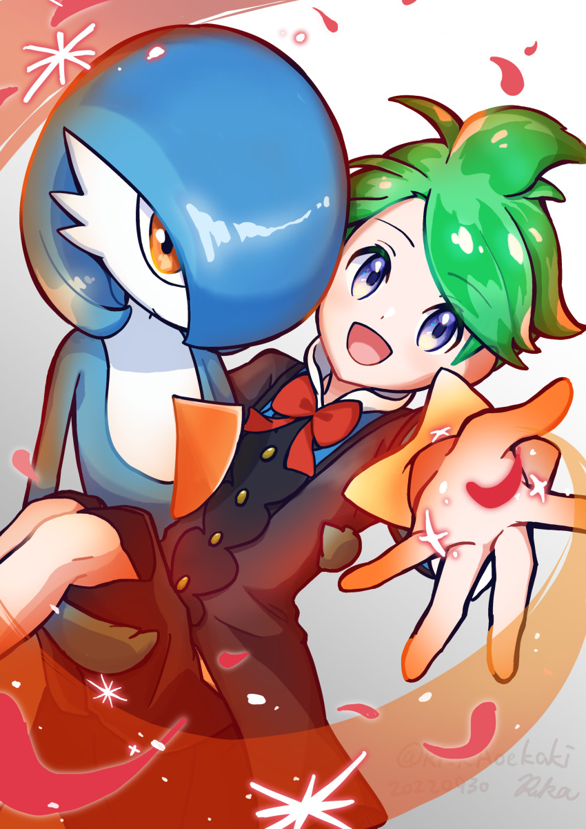 1boy 1girl absurdres alternate_color arm_up artist_name arutarika_(ri_kaoekaki) black_jacket black_shorts blue_eyes blue_hair blue_skin blush bob_cut bow bowtie buttons carrying closed_mouth colored_skin dated falling_petals flat_chest gardevoir gen_3_pokemon green_hair hair_over_one_eye happy highres jacket legs_together light_blush long_sleeves looking_at_viewer multicolored_skin nintendo one_eye_covered open_mouth orange_eyes outstretched_arm petals pokemon pokemon_(creature) pokemon_masters_ex princess_carry reaching reaching_towards_viewer red_bow red_bowtie shiny_pokemon short_hair shorts signature smile spread_fingers swept_bangs twitter_username two-tone_skin wally_(pokemon) wally_(sygna_suit)_(pokemon) white_background white_skin