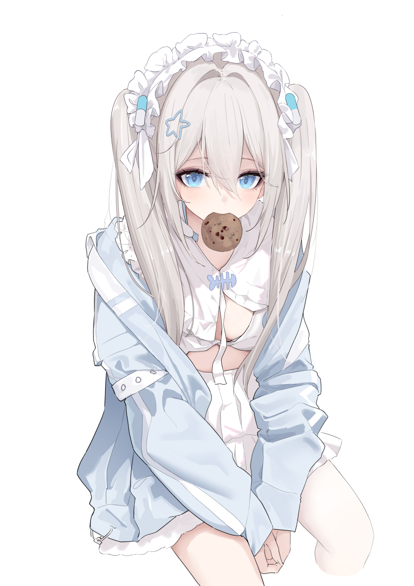 1girl absurdres blue_eyes blue_jacket bra breasts chinese_commentary chocolate_chip_cookie commentary_request cookie fish_skeleton food food_in_mouth frilled_hairband frills hair_between_eyes hair_intakes hair_ornament hairband high-waist_skirt highres jacket long_hair long_sleeves looking_at_viewer original own_hands_together pill_hair_ornament shirt shixuexiao simple_background sitting skirt small_breasts solo star_(symbol) star_hair_ornament twintails underwear very_long_hair white_background white_bra white_hair white_hairband white_shirt white_skirt