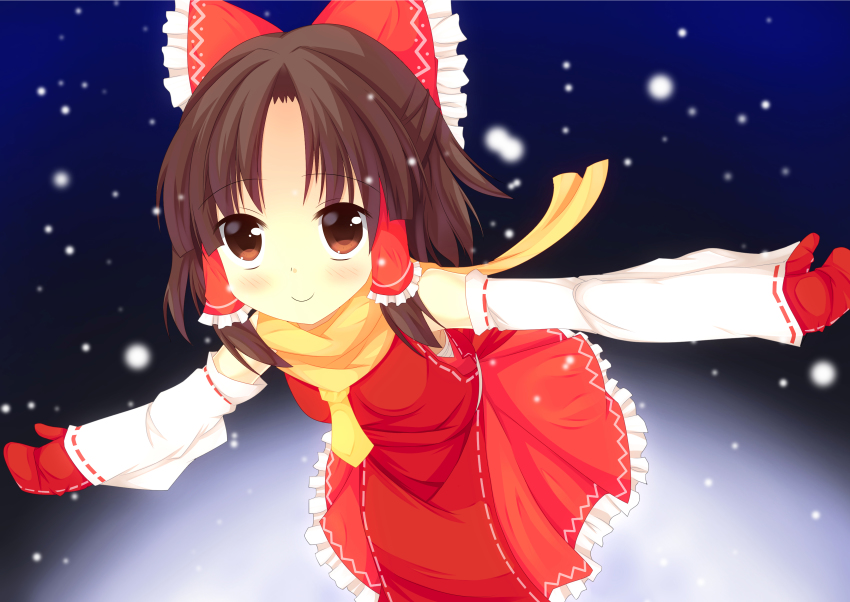 1girl absurdres benikurage_(cookie) blush bow breasts brown_eyes brown_hair closed_mouth commentary_request cookie_(touhou) detached_sleeves feet_out_of_frame frilled_bow frilled_hair_tubes frills hair_bow hair_tubes hakurei_reimu highres looking_at_viewer medium_breasts medium_hair mittens necktie parted_bangs red_bow red_mittens red_shirt red_skirt ribbon-trimmed_sleeves ribbon_trim scarf shirt skirt sleeveless sleeveless_shirt smile snowing solo szk t-pose tabard touhou white_sleeves yellow_necktie yellow_scarf