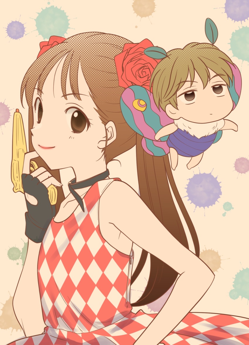 1boy 1girl aiming_up antennae aqua_wings armpits arthropod_boy bare_arms bare_legs black_choker black_gloves brown_background brown_eyes brown_hair bug chibi choker collarbone commentary diamond_print dress expressionless fingerless_gloves flat_chest flower flying from_side fur_collar gloves hair_flower hair_ornament halftone hand_on_own_hip hand_up hayama_akito highres hikaru_(ofuton_at5) holding holding_water_gun kodomo_no_omocha kurata_sana lipstick looking_ahead looking_at_viewer looking_to_the_side makeup moth_boy paint_splatter pink_lips purple_wings red_dress red_flower red_rose rose sleeveless sleeveless_dress trigger_discipline twintails two-tone_dress upper_body upturned_eyes water_gun white_dress white_fur wings zipper_pull_tab