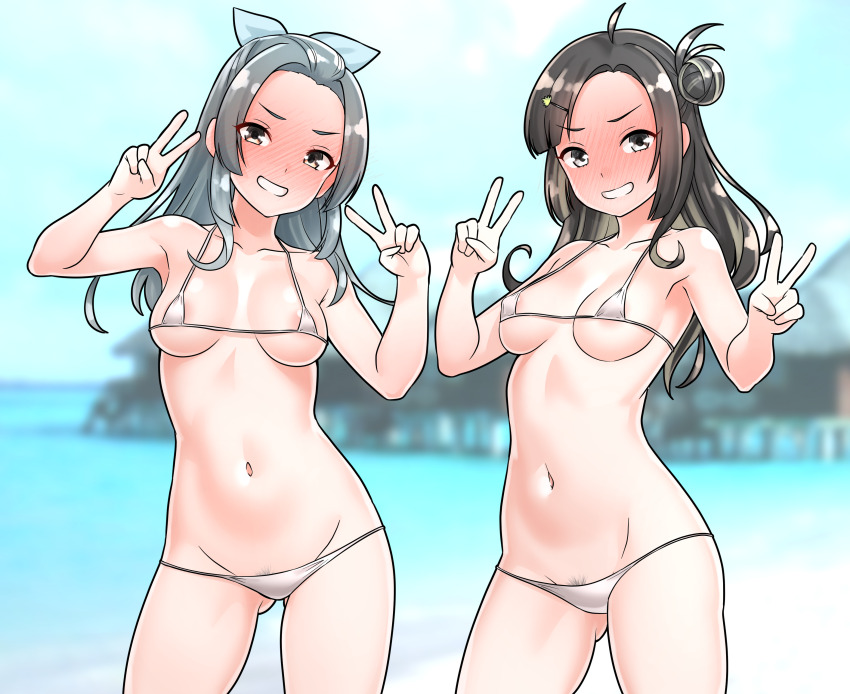 2girls absurdres ahoge bikini black_eyes black_hair blue_bow bow collarbone commentary_request double_v embarrassed forced_smile furaggu_(frag_0416) grey_hair hair_bow hair_bun hands_up highres kantai_collection long_hair looking_at_viewer makinami_(kancolle) micro_bikini multiple_girls navel ocean single_side_bun standing stomach suzunami_(kancolle) swimsuit teeth thighs v variant_set white_bikini
