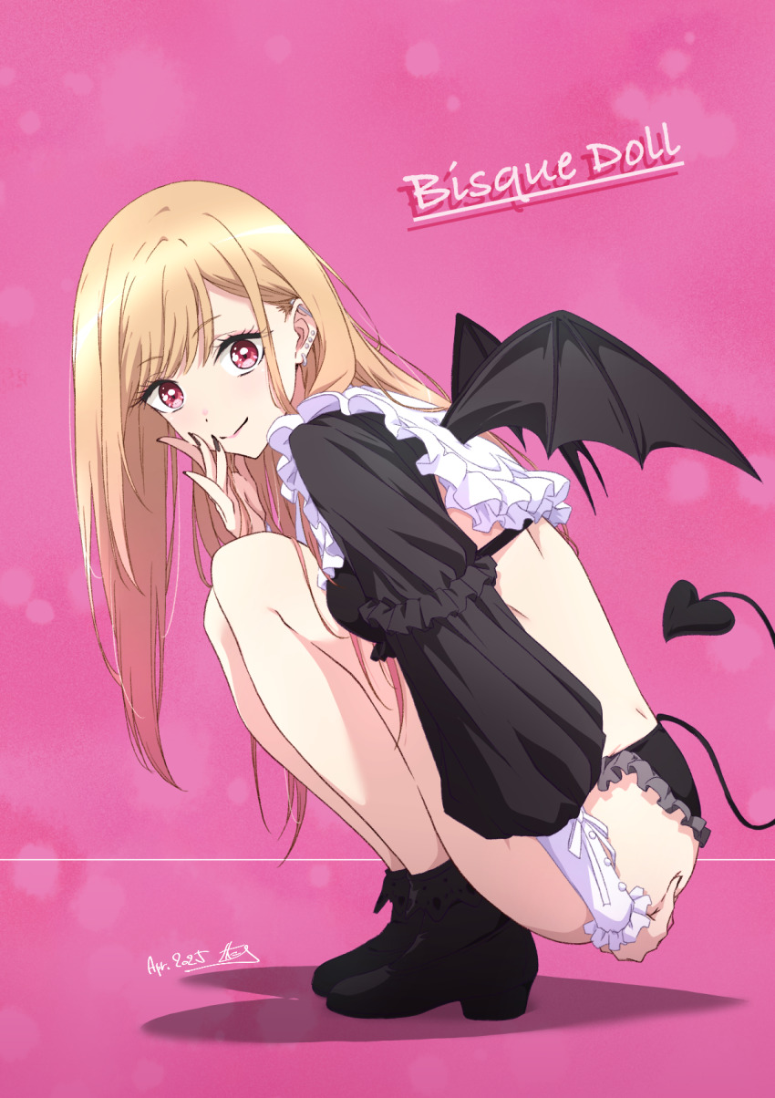 1girl ass black_nails black_panties blonde_hair cosplay crop_top demon_tail demon_wings ear_piercing earrings frilled_sleeves frills gradient_hair gyaru highres jewelry kitagawa_marin long_hair long_sleeves looking_at_viewer multicolored_hair nail_polish nii_manabu panties piercing pink_eyes rizu-kyun rizu-kyun_(cosplay) smile solo sono_bisque_doll_wa_koi_wo_suru squatting tail thighs underwear wings