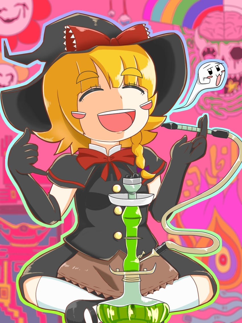 1girl :d acid_trip apron black_capelet black_gloves black_hat black_shoes black_skirt black_vest blonde_hair bow bowtie braid brown_apron buttons capelet closed_eyes commentary_request cookie_(touhou) elbow_gloves extra_mouth full_body gloves gomimaro hair_bow hat hat_bow highres hookah kirisame_marisa mary_janes meguru_(cookie) open_mouth pink_background rainbow red_bow red_bowtie shoes side_braid single_braid skirt skirt_set smile socks solo touhou vest waist_apron white_socks witch_hat yuuhi_(cookie)