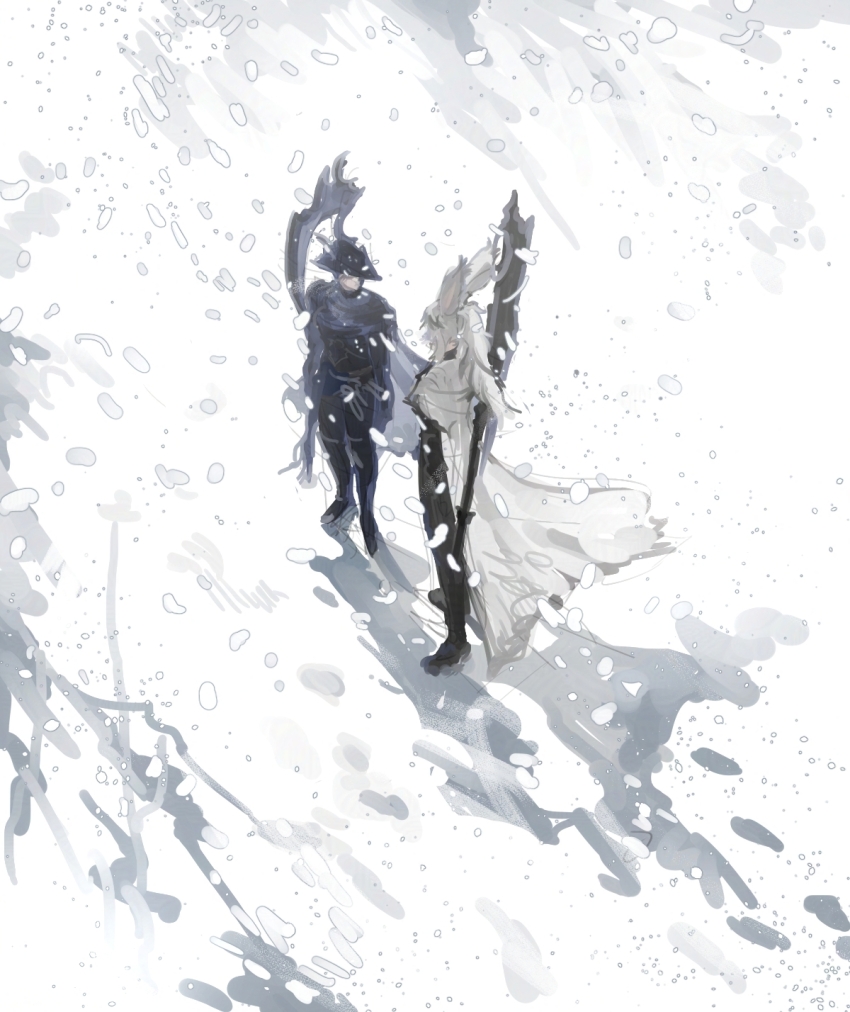 2girls animal_ears bib_bb_bib black_hat cape final_fantasy final_fantasy_xiv from_above hat highres long_hair multiple_girls outdoors rabbit_ears reaper_(final_fantasy) shadow sketch snow snowing standing viera warrior_of_light_(ff14) weapon weapon_on_back white_cape white_hair wide_shot zero_(ff14)