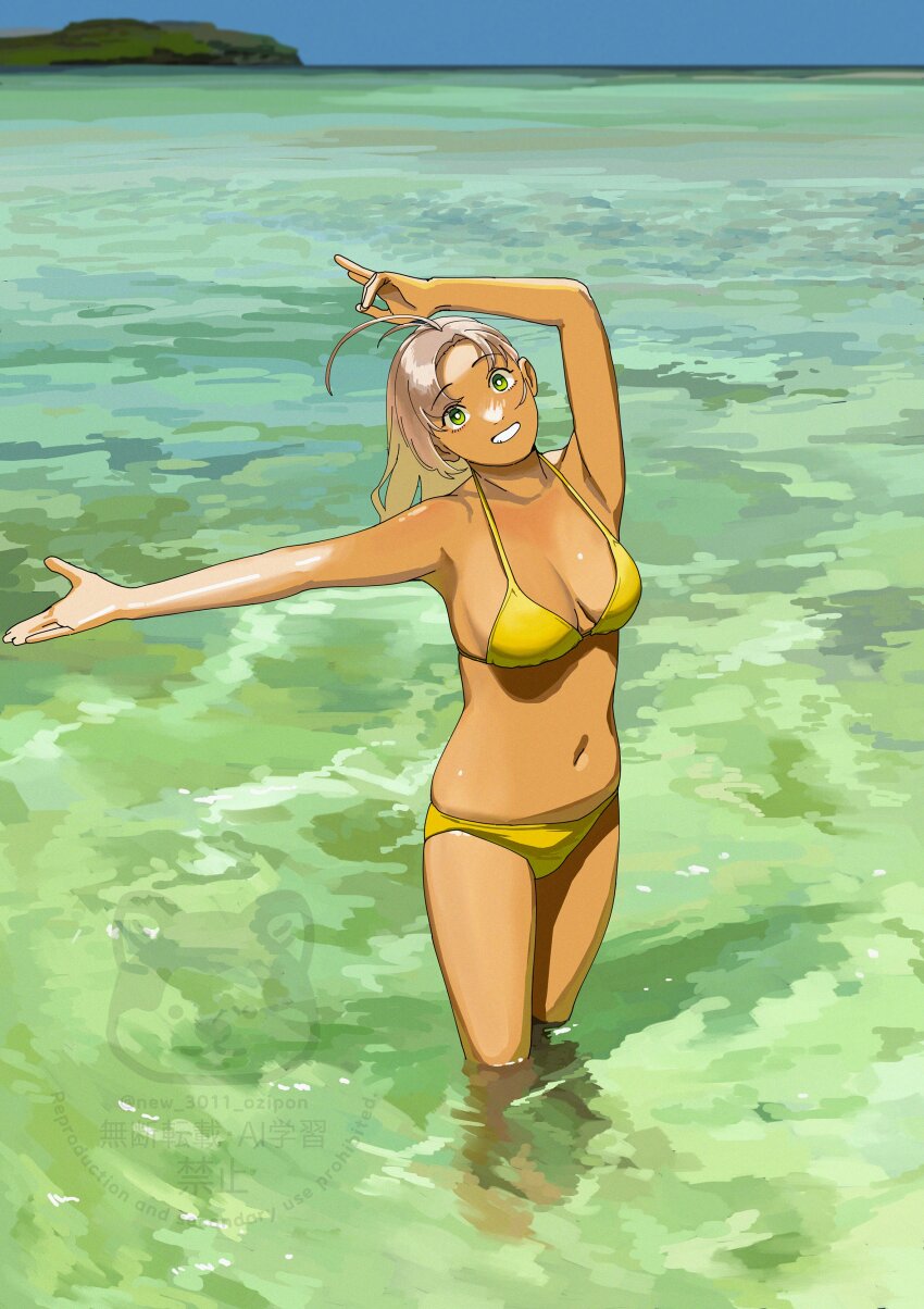 1girl absurdres antenna_hair arm_up bikini blue_sky breasts day green_eyes grey_hair highres kantai_collection kinugasa_(kancolle) looking_at_viewer medium_breasts ocean ojipon outdoors outstretched_arm sky solo standing swimsuit tan wading water yellow_bikini