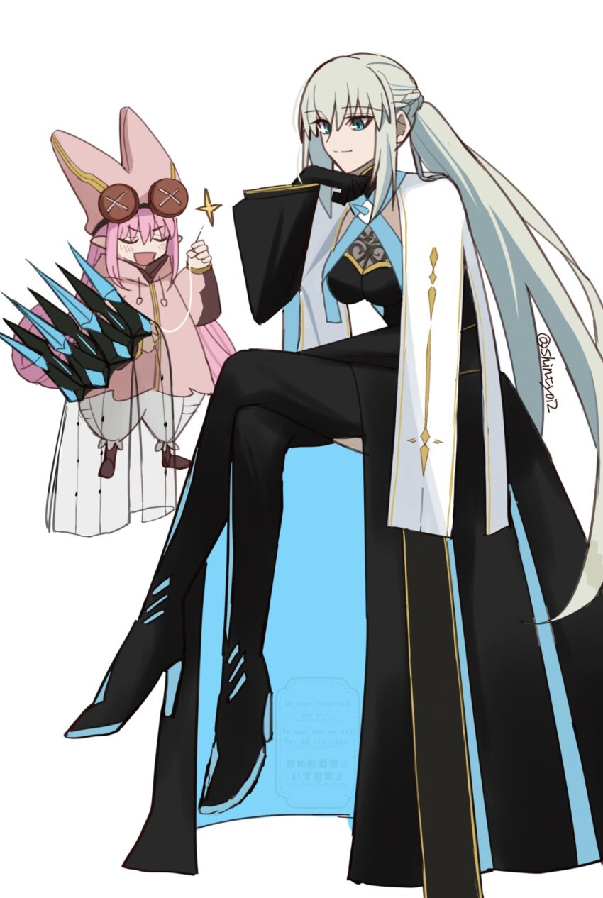 2girls black_dress black_gloves blue_eyes closed_eyes crown dress fate/grand_order fate_(series) full_body gloves habetrot_(fate) hair_between_eyes high_heels highres morgan_le_fay_(fate) morgan_le_fay_(queen_of_winter)_(fate) multiple_girls open_mouth ponytail shintyoi2 simple_background smile