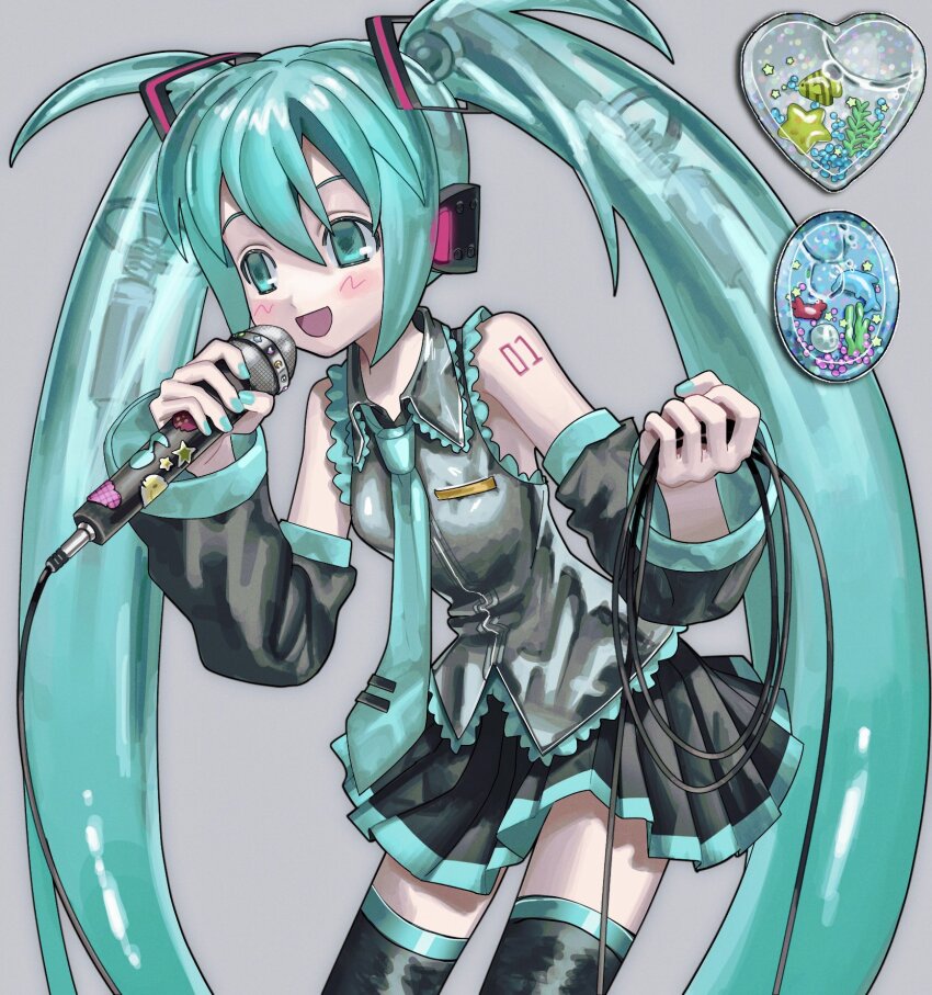 1girl aqua_eyes aqua_hair aqua_nails aqua_necktie bare_shoulders black_sleeves blush detached_sleeves grey_shirt hair_between_eyes hatsune_miku headphones headset highres long_hair microphone necktie number_tattoo open_mouth poin_(goruchopame) shirt simple_background skirt smile solo tattoo thighhighs twintails very_long_hair vocaloid