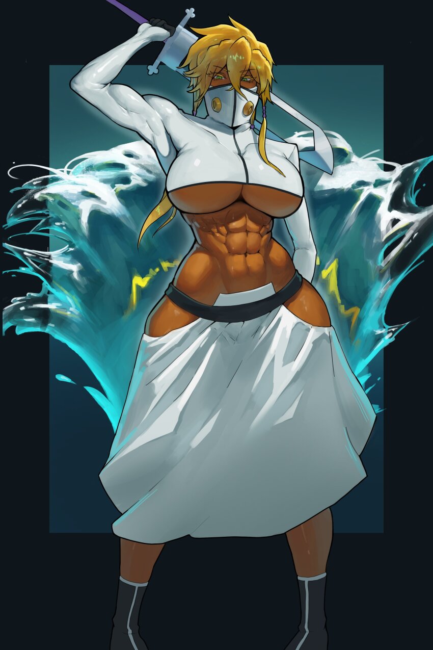 abs absurdres beuto black_border bleach blonde_hair border breasts colored_eyelashes cropped_jacket dark-skinned_female dark_skin espada full_body green_eyes highres holding holding_sword holding_weapon impossible_clothes large_breasts looking_at_viewer mask medium_hair muscular_arms sidelocks standing sword tier_harribel tight_clothes toned toned_female underboob water waves weapon