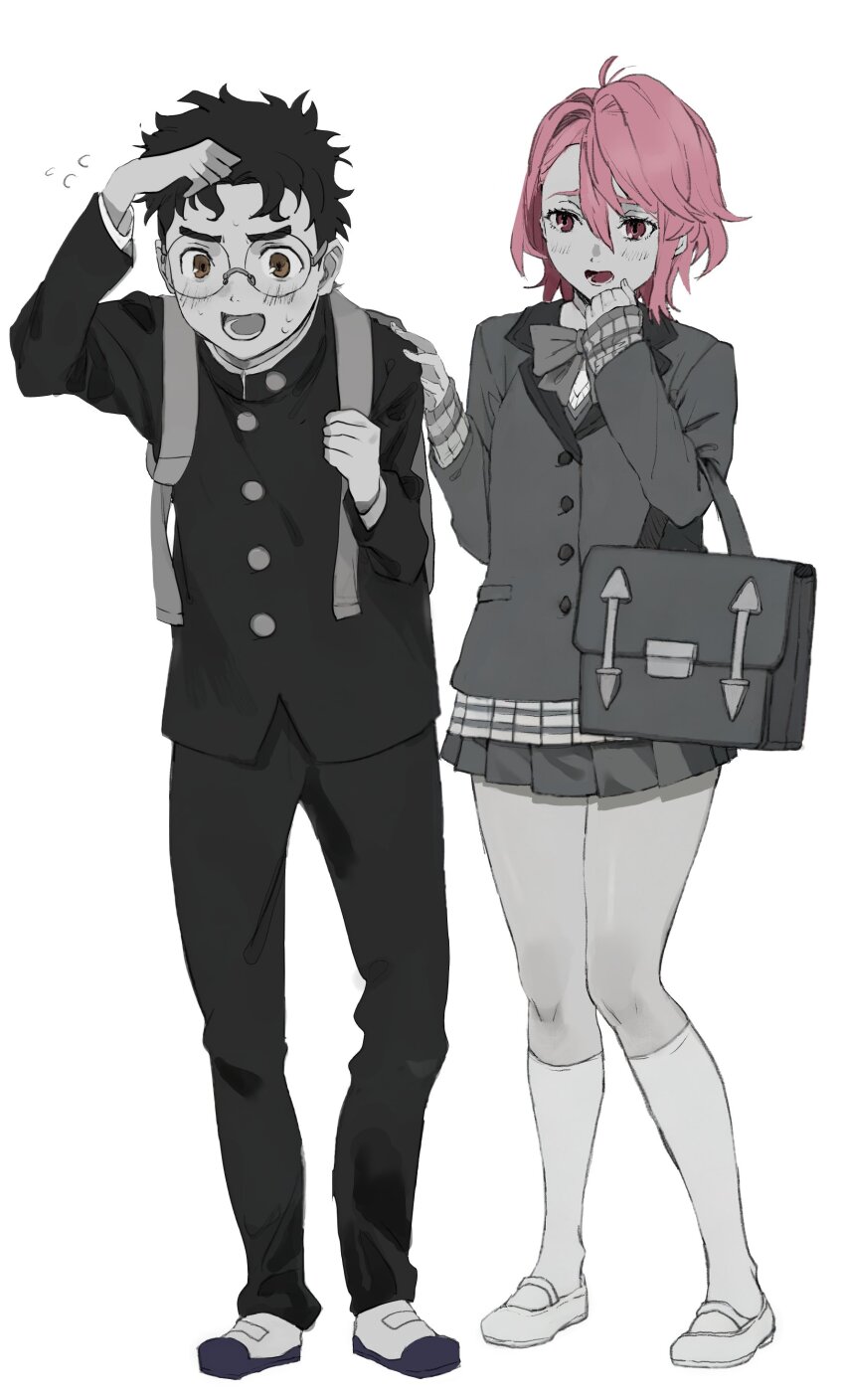 1boy 1girl absurdres backpack bag bow bowtie brown_eyes commentary_request dandadan flying_sweatdrops gakuran glasses greyscale hand_on_another&#039;s_shoulder highres jacket kneehighs long_sleeves monochrome neju open_mouth pants pink_hair pleated_skirt red_eyes round_eyewear school_uniform shiratori_aira_(dandadan) shoes simple_background skirt socks spot_color standing sweat takakura_ken_(dandadan)