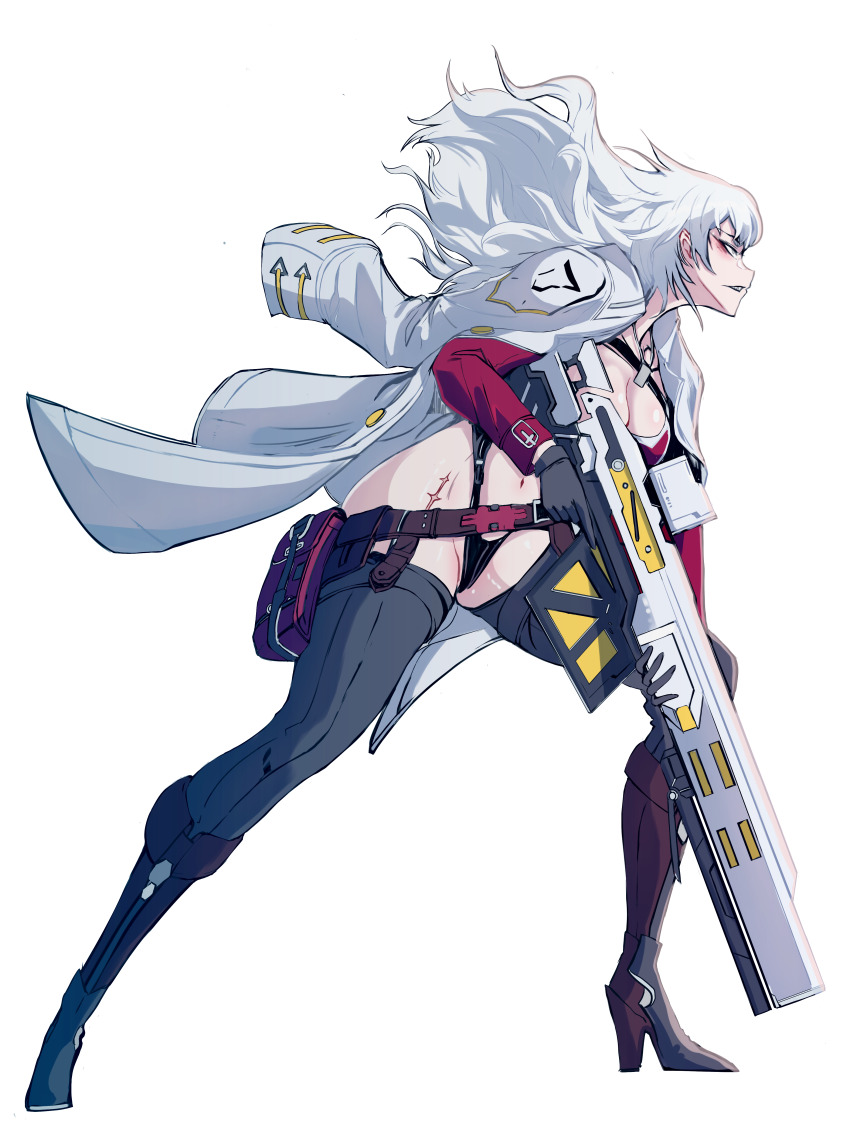 1girl absurdres belt_pouch black_gloves breasts chaps chest_strap cleavage clothing_cutout coat coat_on_shoulders cropped_jacket cws1122uu dog_tags gloves goddess_of_victory:_nikke hair_ornament highres jacket large_breasts leotard long_hair messy_hair navel navel_cutout pouch red_jacket scar scar_on_stomach sharp_teeth shiny_skin simple_background solo standing stomach_cutout teeth white_background white_coat yellow_eyes yulha_(nikke)