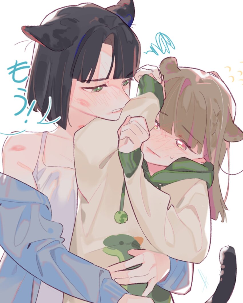 2girls absurdres animal_ears bare_shoulders black_hair blue_cardigan blunt_bangs blunt_ends blush bob_cut brown_hair cardigan cat_ears cat_girl cat_tail clenched_teeth closed_mouth commentary dinosaur_print dress flying_sweatdrops green_eyes green_hood half-closed_eyes hand_on_another&#039;s_stomach highres hood hood_down hoodie hug kachimachi_kosuzu kachimachi_kosuzu_(summer_loungewear) kemonomimi_mode link!_like!_love_live! long_hair long_sleeves love_live! momose_ginko momose_ginko_(summer_loungewear) mouse_ears mouse_girl multiple_girls nose_blush off_shoulder open_cardigan open_clothes pink_eyes pipi_(m1x_mix) print_hoodie short_hair simple_background sleeveless sleeveless_dress sleeves_past_wrists speech_bubble squiggle sweatdrop tail teeth upper_body virtual_youtuber white_background white_dress yellow_hoodie yuri