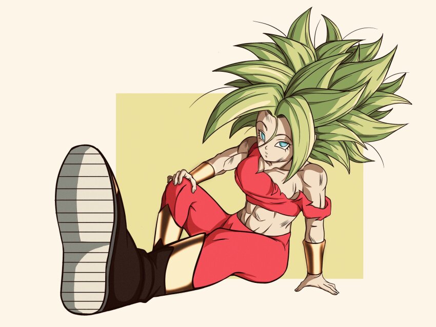 1girl abs arm_guards battle_damage biceps big_hair black_boots blonde_hair boots breasts cleavage crop_top dragon_ball dragon_ball_super green_eyes highres kefla_(dragon_ball) kenran_dokkan looking_at_viewer medium_breasts messy_hair midriff muscular muscular_female pants red_pants saiyan sitting spiked_hair super_saiyan tight_clothes torn_clothes