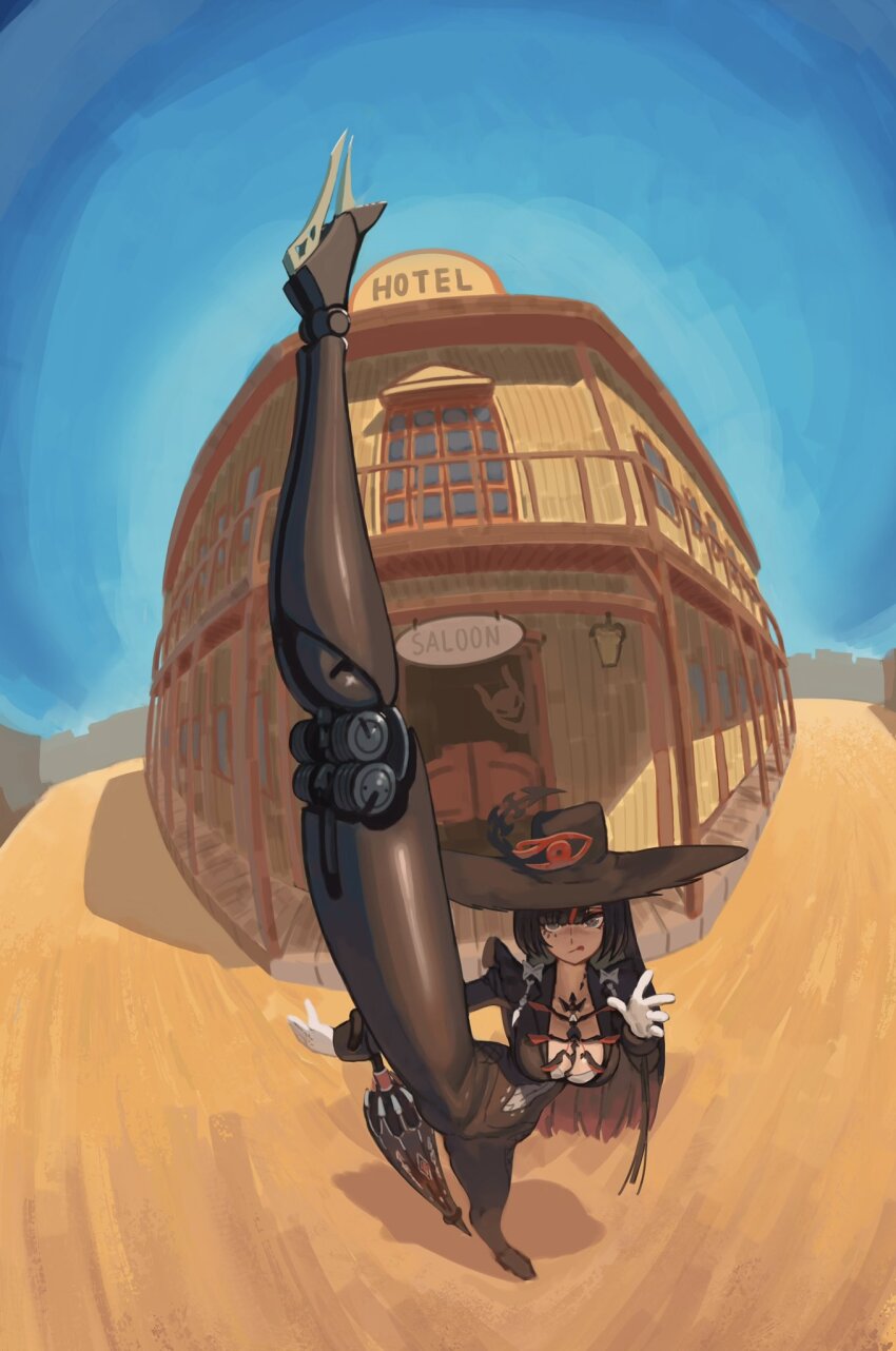 1girl 2025 bbbrush belt_pouch black_bodysuit black_hair black_hat bodysuit breasts building card cleavage_cutout clothing_cutout cowboy_shot curtained_hair desert female_focus fisheye flexible foreshortening gloves grey_eyes hair_between_eyes hand_up hat highres holding holding_card incoming_kick joints kicking large_breasts leg_up legs_apart lilith:_daemonissa_(pgr) lilith:_daemonissa_(roulette_of_stolen_time)_(pgr) lilith_(pgr) long_hair looking_at_viewer mark_under_eye mechanical_legs mixed-language_commentary multicolored_hair official_alternate_costume open_mouth perspective pouch puffy_sleeves punishing:_gray_raven red_hair robot_joints saloon sleeve_cuffs smile solo standing standing_on_one_leg streaked_hair tongue tongue_out town two-tone_hair two-tone_hat very_long_hair white_gloves witch