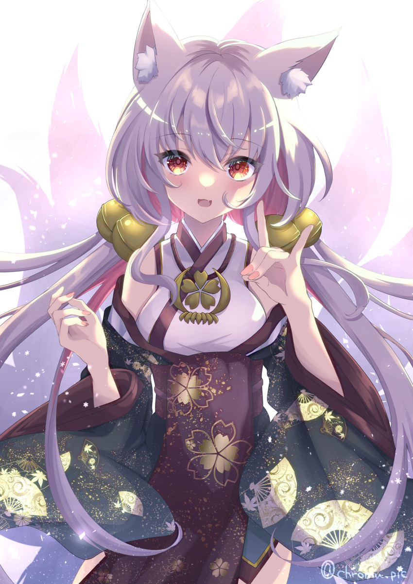1girl :3 animal_ear_fluff animal_ears bell breasts colored_inner_hair commentary_request fang fox_ears fox_girl fox_shadow_puppet fox_tail grey_hair hair_bell hair_ornament highres multicolored_hair multiple_tails orange_eyes original pink_hair shirokumo_chromu sidelocks solo tail tongue twintails twitter_username white_background wide_sleeves