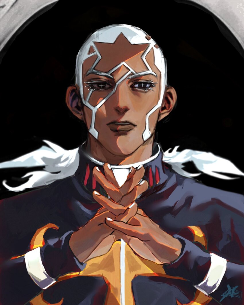 1boy black_eyes cassock dark-skinned_male dark_skin enrico_pucci high_collar highres interlocked_fingers jojo_no_kimyou_na_bouken long_sleeves looking_at_viewer male_focus own_hands_together priest short_hair snakepit_xxx solo stone_ocean upper_body very_short_hair white_hair