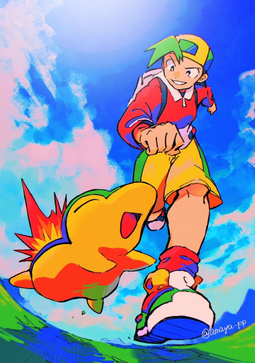 1boy amaya_uw backpack backwards_hat bag baseball_cap blue_sky clenched_hands closed_eyes cloud commentary_request cyndaquil day ethan_(pokemon) fire from_below gen_2_pokemon grin hat highres jacket long_sleeves nintendo open_mouth outdoors pokemon pokemon_(creature) pokemon_gsc red_socks shoes shorts sky smile socks twitter_username yellow_shorts
