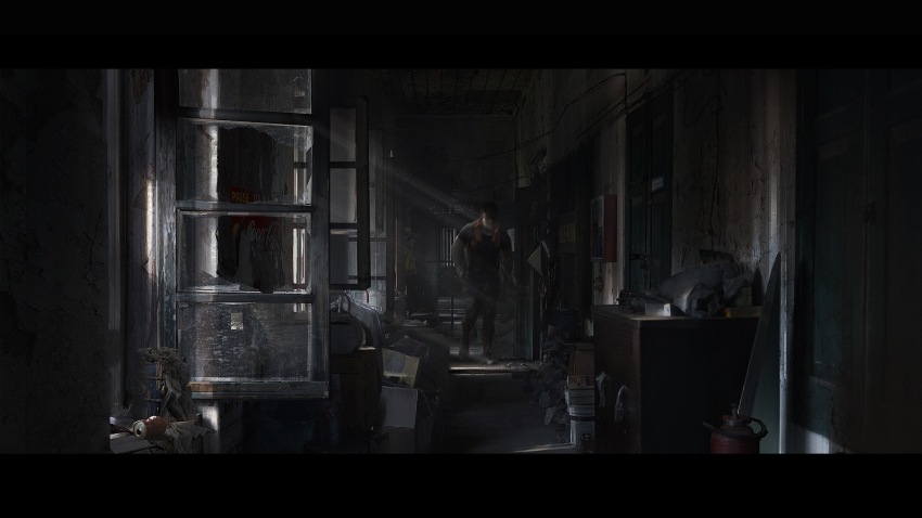 1boy apartment black_border border chinese_commentary commentary_request dark door faceless faceless_male full_body highres indoors jacket letterboxed long_sleeves male_focus original pants realistic scenery shoes short_hair solo standing wangzy wide_shot