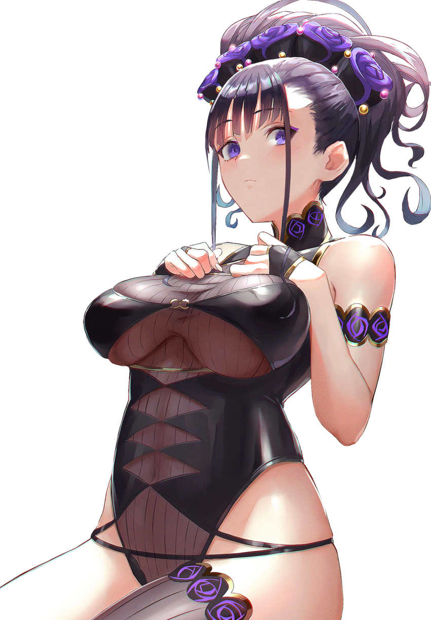 1girl armlet bare_shoulders black_hair black_one-piece_swimsuit blush breasts closed_mouth commentary covered_navel fate/grand_order fate_(series) fingernails gold_trim hair_ornament hands_on_own_chest highleg highleg_one-piece_swimsuit highres jewelry large_breasts long_hair looking_at_viewer makeup miyamoto_satoru murasaki_shikibu_(fate) murasaki_shikibu_(swimsuit_rider)_(fate) murasaki_shikibu_(swimsuit_rider)_(first_ascension)_(fate) one-piece_swimsuit purple_eyes shiny_clothes simple_background single_thighhigh solo swimsuit symbol-only_commentary thighhighs turtleneck