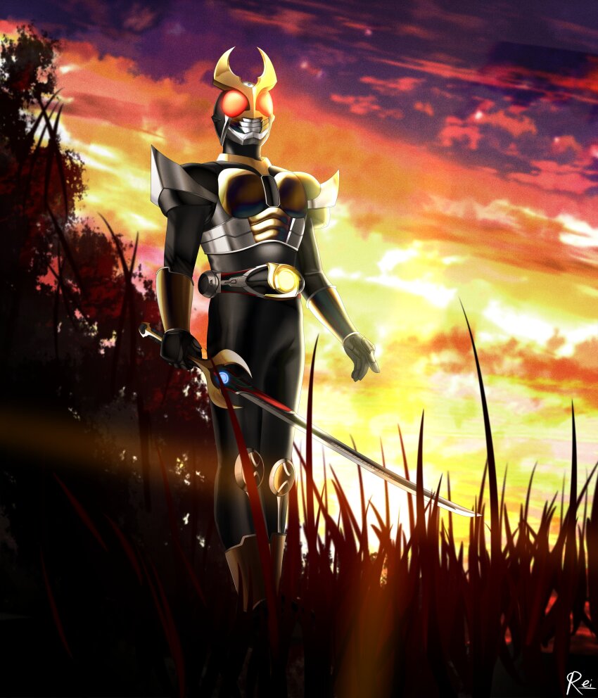 1boy absurdres agito_(ground_form) altering_(agito) armor black_bodysuit bodysuit commentary english_commentary flame_saber gold_armor grass highres holding holding_sword holding_weapon kamen_rider kamen_rider_agito kamen_rider_agito_(series) looking_up outdoors reiei_8 rider_belt stag_beetle standing sunlight sunset sword tokusatsu tree weapon