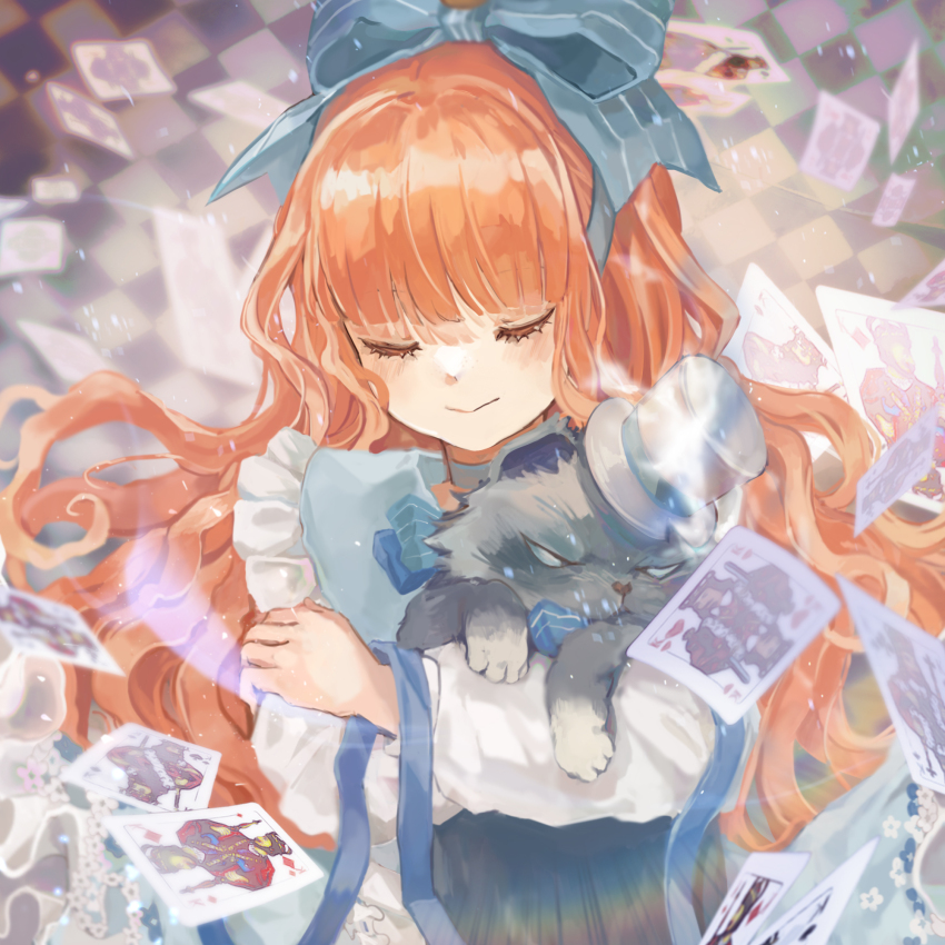 1girl alice_in_wonderland animal animal_hug baby_blue blue_bow blunt_bangs bow card cat checkered_background cheshire_cat_(alice_in_wonderland) closed_eyes closed_mouth collar curly_hair frilled_collar frills hair_bow hasi_(seunga1025) hat highres holding holding_animal holding_cat king_(playing_card) king_of_clubs king_of_diamonds king_of_hearts_(playing_card) king_of_spades long_hair long_sleeves orange_hair playing_card reverse:1999 shirt smile solo top_hat upper_body white_shirt