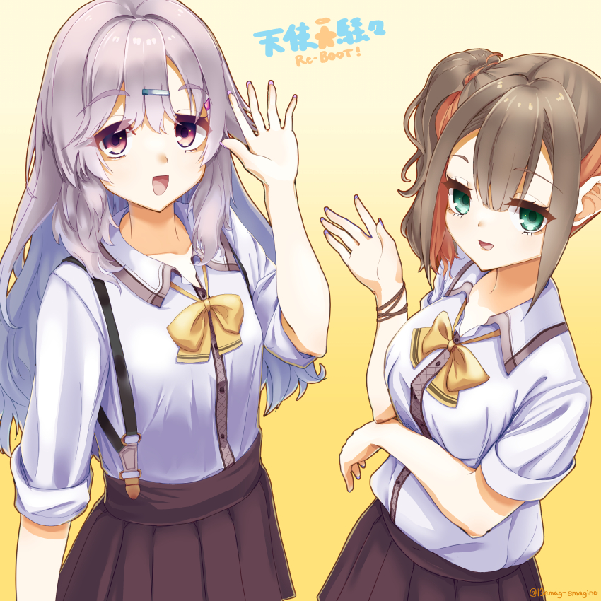 2girls :d absurdres arm_under_breasts blunt_bangs bow bracelet breasts brown_hair brown_skirt center-flap_bangs collared_shirt commentary copyright_name cowboy_shot eyelashes eyes_visible_through_hair gokudukidayo green_eyes grey_hair gyaru hair_between_eyes hair_ornament hairclip hand_up happy highres jewelry kinoshita_kaede kogal long_hair long_sleeves looking_at_viewer medium_breasts medium_hair multicolored_hair multiple_girls nail_polish open_mouth orange_hair pleated_skirt purple_nails red_eyes shiraishi_chika shirt short_sleeves side_ponytail simple_background skirt sleeves_rolled_up smile suspender_skirt suspenders tenshi_souzou_re-boot! thick_eyebrows tsurime twitter_username two-tone_hair very_long_hair waving white_shirt yellow_background yellow_bow