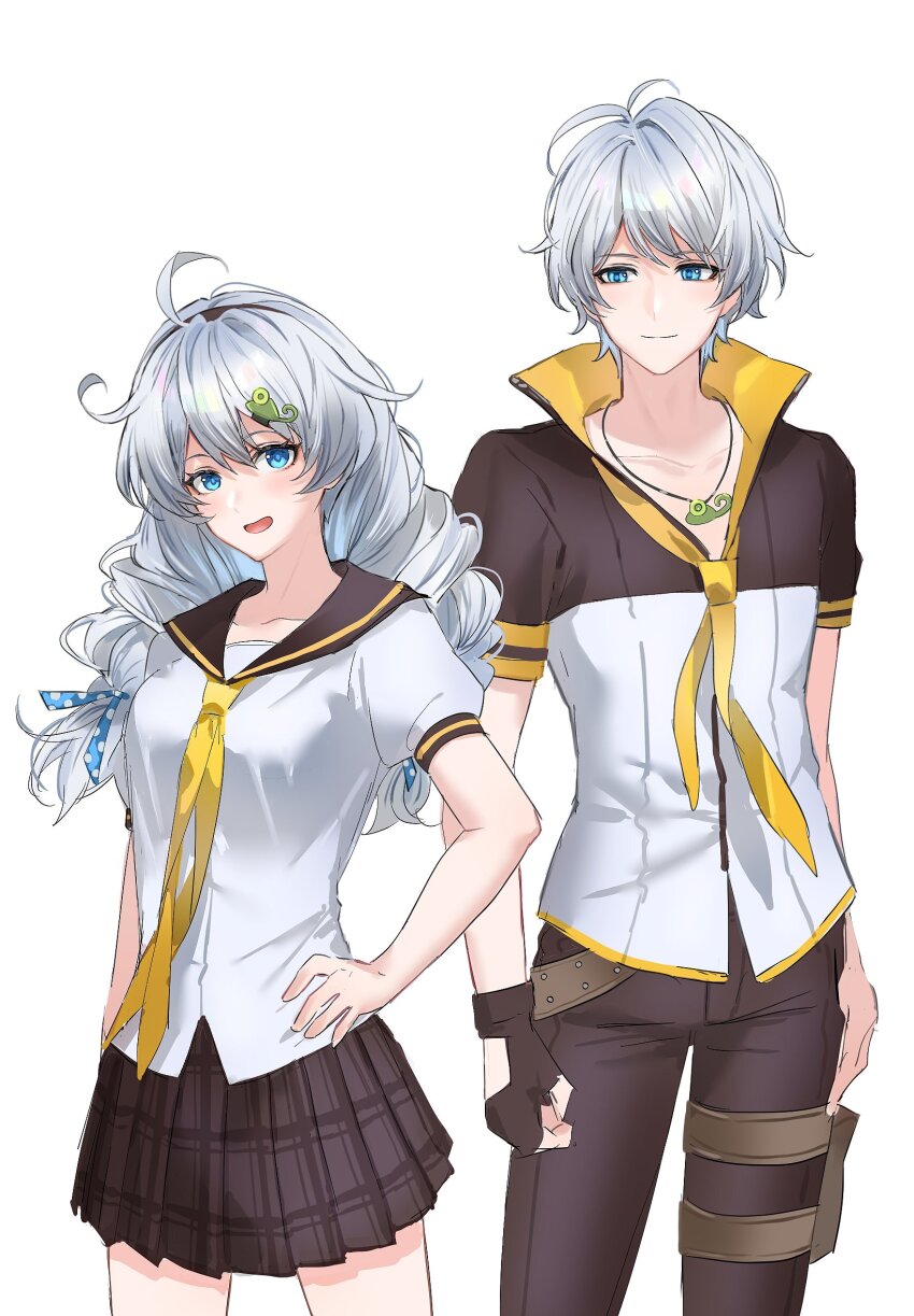 0p78xopwsj83779 1boy 1girl ahoge benghuai_xueyuan black_pants black_sailor_collar black_shirt black_skirt blue_ribbon closed_mouth commentary drill_hair hair_ornament hair_ribbon hairclip hand_on_own_hip highres honkai_(series) jewelry kevin_kaslana kiana_kaslana long_hair necklace necktie open_mouth pants popped_collar ribbon sailor_collar school_uniform shirt short_hair short_sleeves skirt smile twin_drills white_shirt yellow_necktie