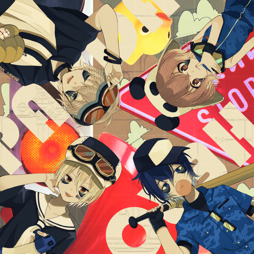 1girl 3boys absurdres baseball_bat baseball_cap baseball_glove brown_eyes brown_hair chewing_gum facial_mark goggles goggles_on_head hat highres holding holding_baseball_bat holding_megaphone indie_utaite luz_(utaite) mafumafu megaphone multiple_boys neckerchief nqrse panda_hat panda_hero_(vocaloid) rubber_duck sailor_collar short_hair soraru sunglasses tongue tongue_out utaite yutori3218