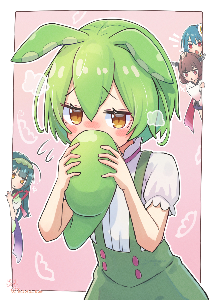 4girls :o ahoge black_hair blue_hair blush blush_stickers border brown_hair character_request chestnut_mouth covering_own_mouth edamame furrowed_brow green_hair green_hairband green_overalls green_shorts green_suspenders hair_between_eyes hairband highres holding_own_tail japanese_clothes jitome kimono knife_hair_ornament long_hair looking_at_another looking_at_viewer multiple_girls nose_blush notice_lines open_mouth orange_eyes overalls pea_pod peeking_out pink_background puff_of_air puffy_shorts puffy_sleeves red_eyes shirt short_hair short_sleeves shorts shy siblings sisters smile suspender_shorts suspenders tail touhoku_kiritan touhoku_zunko upper_body voiceroid voicevox white_border white_kimono white_shirt wide_sleeves yasuno-labo yellow_eyes zundamon