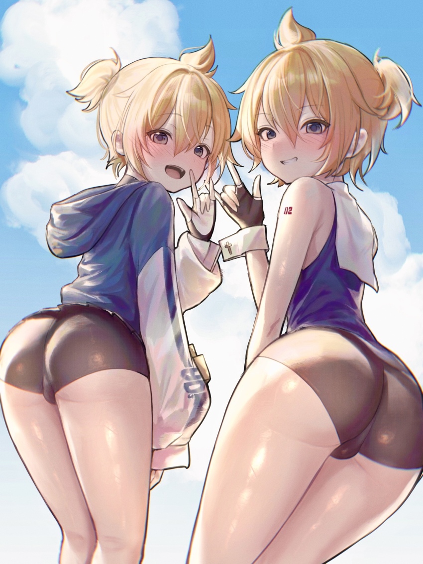 2boys :d age_difference ahoge arm_tattoo ass ass_focus azulasi bike_shorts black_gloves blonde_hair blue_hoodie blue_shirt blush bridget_(guilty_gear) bridget_(guilty_gear)_(cosplay) bulge commentary commentary_request commission cosplay cross day double-parted_bangs english_commentary fingerless_gloves from_behind from_below gloves grey_eyes hair_between_eyes high_ponytail highres hood hoodie kagamine_len long_sleeves looking_at_viewer male_focus microskirt mixed-language_commentary multiple_boys number_tattoo open_mouth outdoors partial_commentary pixiv_commission pleated_skirt ponytail sailor_collar shirt short_hair shorts sidelocks skirt sleeveless sleeveless_shirt smile tattoo teeth thighs trap turning_head two-tone_gloves two-tone_hoodie upper_teeth_only vocaloid white_hoodie white_sailor_collar white_skirt wrist_cuffs