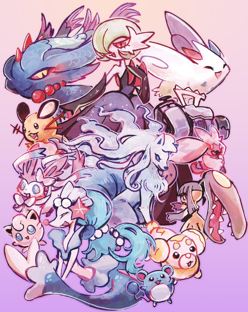 absurdres alolan_form alolan_ninetales alternate_color black_dress black_gloves blue_eyes blue_hair bob_cut colored_skin commentary dedenne dress elbow_gloves english_commentary extra_mouth fangs fidough flutter_mane gardevoir gen_1_pokemon gen_2_pokemon gen_3_pokemon gen_4_pokemon gen_6_pokemon gen_7_pokemon gloves gradient_background hair_over_one_eye hammer highres holding holding_hammer jigglypuff kurapixel marill mawile mega_gardevoir mega_pokemon nintendo orange_fur pink_skin pokemon pokemon_(creature) primarina shiny_pokemon smile starfish_hair_ornament strapless strapless_dress sylveon tinkaton togekiss two-tone_fur yellow_skin