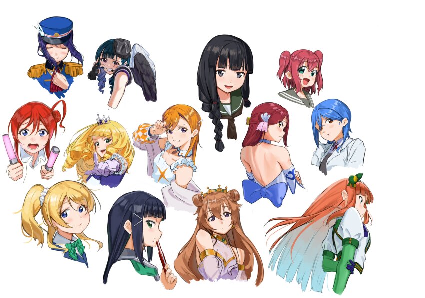 1girl 6+girls :d :o absurdres animal_ears aqua_eyes asymmetrical_wings ayase_eli back backless_outfit bare_shoulders black_gloves black_hair black_hat black_wings blazer blonde_hair blue_choker blue_dress blue_eyes blue_gloves blue_hair blue_hat blue_jacket blunt_bangs blush bow bowtie braid breasts brown_hair brown_neckerchief butterfly_(love_live!) choker cleavage clenched_teeth closed_eyes closed_mouth coat collarbone collared_shirt commentary_request cropped_head cropped_shoulders cropped_torso crossed_bangs crying crying_with_eyes_open dark_blue_hair detached_sleeves diagonal-striped_bow diagonal-striped_bowtie diagonal-striped_clothes dress dress_shirt drill_hair elbow_gloves embarrassed epaulettes fingerless_gloves frilled_gloves frilled_shirt frills from_side frown gloves glowstick green_bow green_bowtie green_eyes green_neckerchief green_sailor_collar grey_dress grey_jacket grey_sailor_collar grin hair_behind_ear hair_bun hair_ornament hair_scrunchie hajimari_wa_kimi_no_sora half_updo hand_on_own_arm happy_party_train hat headset heanna_sumire highres holding holding_glowstick holding_own_hair horse_ears horse_girl jacket kantai_collection kitakami_(kancolle) konoe_kanata kurosawa_dia kurosawa_ruby lab_coat long_hair looking_ahead looking_at_viewer looking_back looking_to_the_side love_live! love_live!_nijigasaki_high_school_idol_club love_live!_school_idol_project love_live!_sunshine!! love_live!_superstar!! low-tied_sidelocks low_twin_braids lower_teeth_only matsuura_kanan medium_hair microphone mismatched_wings mole mole_under_mouth moshi_(0364p) multiple_girls neck_ribbon neckerchief necktie negative_space nonfiction!!_(love_live!) off_shoulder official_alternate_costume open_clothes open_coat open_mouth orange_eyes orange_hair otonokizaka_school_uniform out_of_frame parted_lips penlight_(glowstick) pink_eyes pointing pointing_at_viewer ponytail profile puffy_short_sleeves puffy_sleeves purple_eyes purple_gloves purple_shirt red_hair red_necktie red_ribbon ribbon sailor_collar sakurauchi_riko school_uniform scrunchie see-through_cleavage see-through_clothes see-through_sleeves shibuya_kanon shirt short_sleeves sidelocks sideways_glance silence_suzuka_(umamusume) simple_background single_braid single_side_bun sleeveless sleeveless_shirt small_breasts smile solo split_mouth straight-on striped_clothes tears teeth tiara tsushima_yoshiko twin_braids two_side_up umamusume upper_body upper_teeth_only uranohoshi_school_uniform v-shaped_eyebrows w w_over_eye wakana_shiki white_background white_coat white_scrunchie white_shirt white_sleeves white_wings wings winter_uniform yellow_eyes yoneme_mei yuigaoka_school_uniform