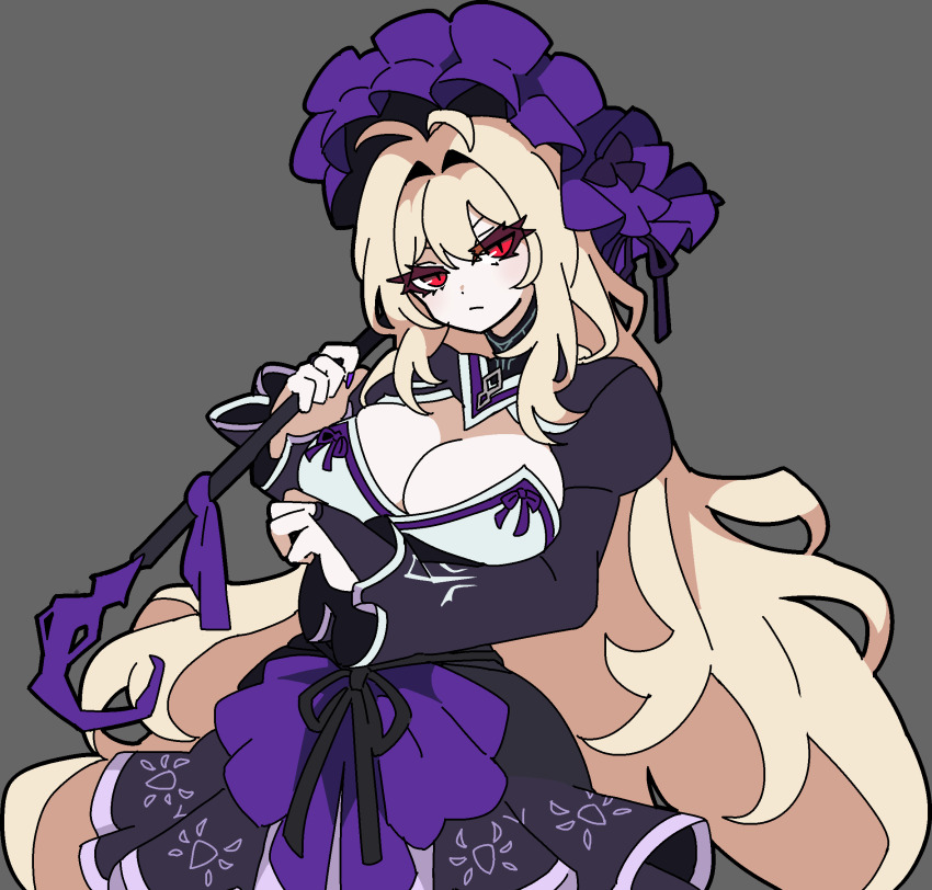 1girl antenna_hair black_corset black_dress blonde_hair bonnet breast_ribbon breasts cleavage closed_mouth corset dress dulcinea_(project_moon) frilled_bonnet frills grey_background highres holding holding_umbrella kekeken limbus_company long_hair looking_at_viewer project_moon purple_bonnet purple_umbrella red_eyes sidelocks simple_background solo umbrella upper_body very_long_hair