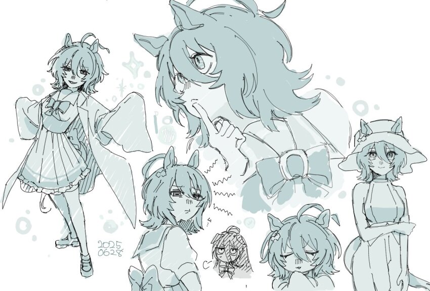 2girls agnes_tachyon_(umamusume) ahoge animal_ears bow breasts chemical_structure chibi chibi_inset closed_eyes closed_mouth coat dress earrings ears_through_headwear frilled_skirt frills green_eyes hair_between_eyes hand_on_own_chin horse_ears horse_girl horse_tail huge_ahoge index_finger_raised jewelry lab_coat long_hair_between_eyes long_sleeves manhattan_cafe_(umamusume) medium_hair multiple_girls no_mouth open_clothes open_coat parted_lips pleated_skirt pout puff_of_air sailor_collar school_uniform shoes single_earring skirt sleeveless sleeveless_dress sleeves_past_fingers sleeves_past_wrists smile solo squiggle standing sun tail thinking tracen_school_uniform uma2_0429 umamusume waist_bow wolf_cut