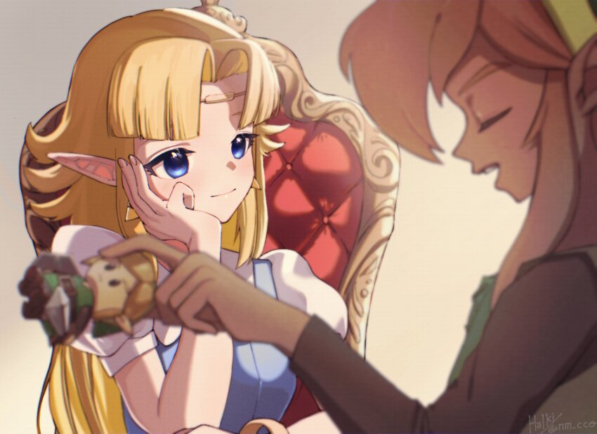 1boy 1girl absurdres ao_haruki blonde_hair blue_dress blue_eyes brown_sleeves character_doll circlet closed_eyes closed_mouth commentary_request doll dress head_rest highres holding link long_hair long_sleeves nintendo open_mouth parted_bangs princess_zelda puffy_short_sleeves puffy_sleeves short_sleeves sidelocks signature sitting_on_throne solo_focus the_legend_of_zelda the_legend_of_zelda:_a_link_to_the_past throne twitter_username upper_body white_sleeves